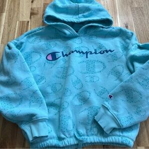 Champion Aqua Blue & Pink Logo Hoodie Girls L (12)